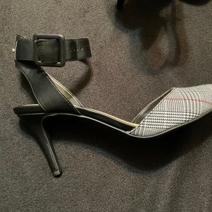 Shoes, black and white plaid with red and gold glittery streak